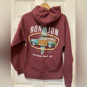 Ron Jon Surf Shop Hoodie Sweatshirt Mens Large Maroon Woody Surfboard Pullover